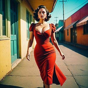 Confident Woman in Vintage Red Dress on Sunlit Street