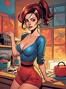 Confident Woman in Stylish Kitchen - Comic Art