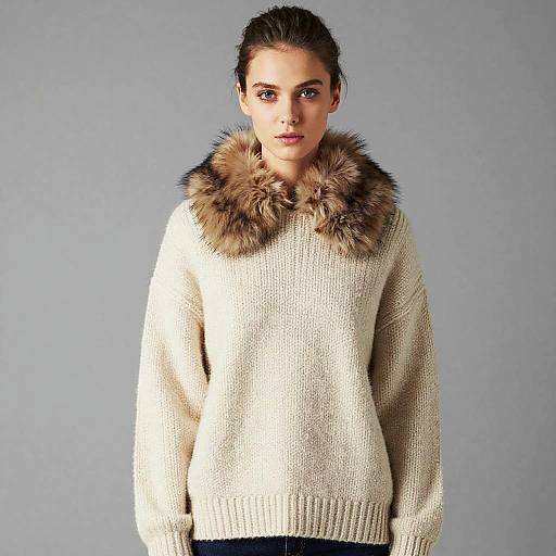 Woman Wearing Cream Knit Sweater with Fur Collar in Minimalist Fashion Style