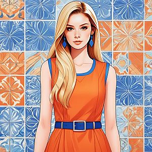 Stylish Woman in Orange Dress with Blue Accessories Against Floral Tiled Background