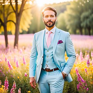 Confident Man in Blue Suit at Sunset