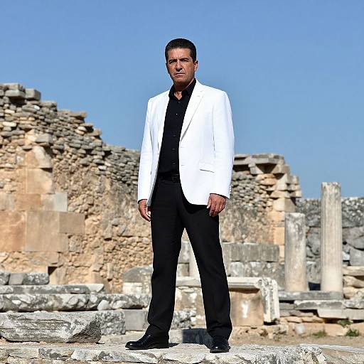 Man in White Blazer Standing Among Ancient Stone Ruins