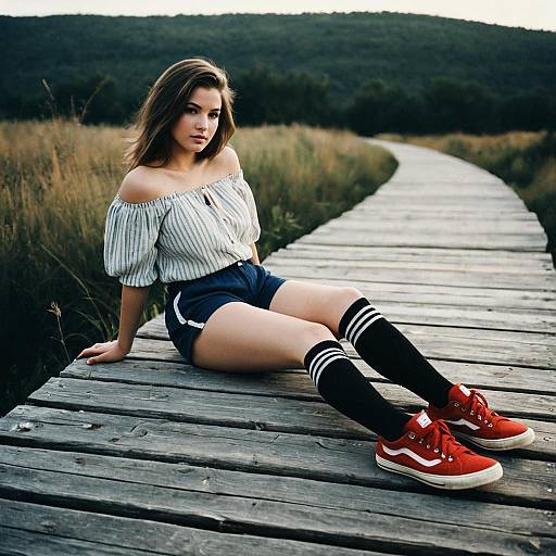 Young Woman Sitting on Wooden Boardwalk in Casual Outfit with Red Sneakers