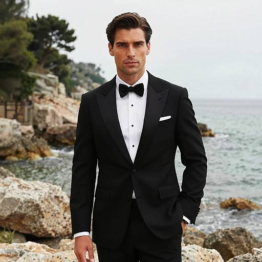 Man in Classic Black Tuxedo by Rocky Seaside