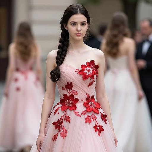 Elegant Pink Gown with Red Floral Embellishments on Woman