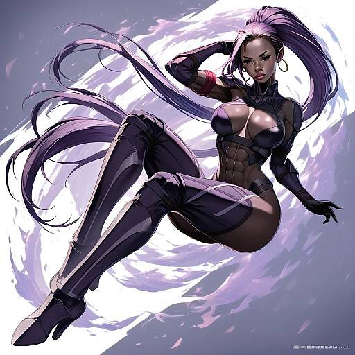 Anime Assassin Woman with Purple Hair in Sleek Combat Outfit