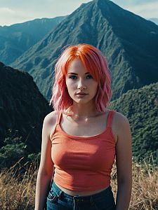 Young Woman with Orange Pink Hair Outdoors in Mountain Landscape