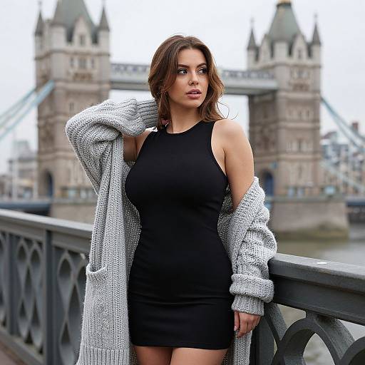 Woman in Black Dress on London Bridge with Tower Bridge Background