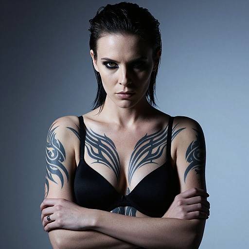 Edgy Woman with Tribal Tattoos and Intense Look in Dark Lingerie