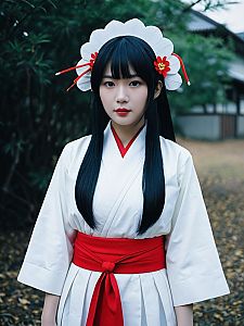 Woman in Traditional Kikunojo Kiku Cosplay Costume with Red Obi Sash