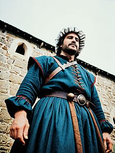 Man in Medieval Peasant Costume Dramatic Low Angle Cosplay Photo
