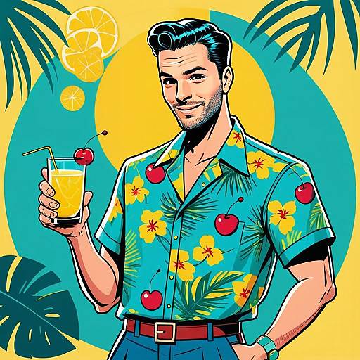 Pop Art Illustration of Man in Hawaiian Shirt Holding Tropical Drink