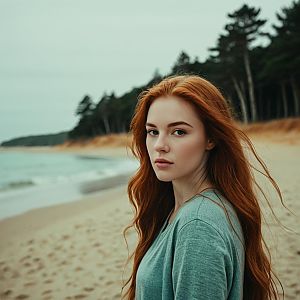 Portrait of a Red-Haired Woman on a Serene Beach with Pine Trees
