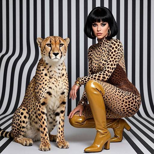 Fashion Model in Leopard Print Outfit Posing with Cheetah Against Striped Background