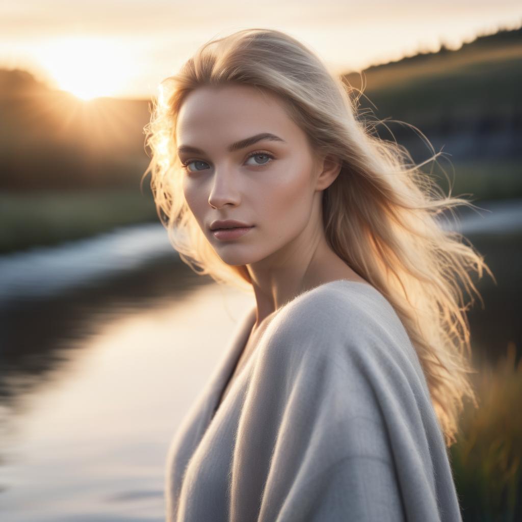 Serene Woman at Sunset by Water