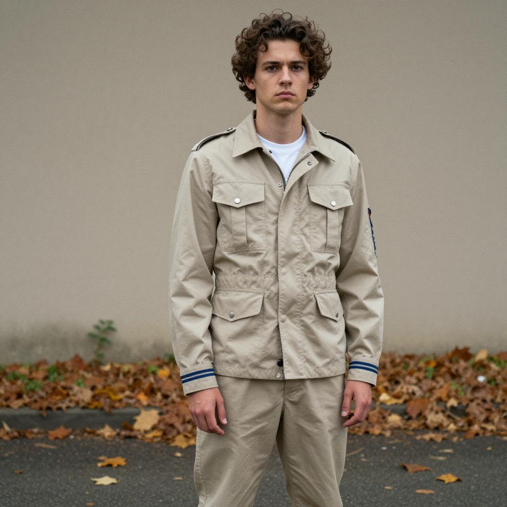Young Man in Beige Utility Jacket and Pants Outdoors