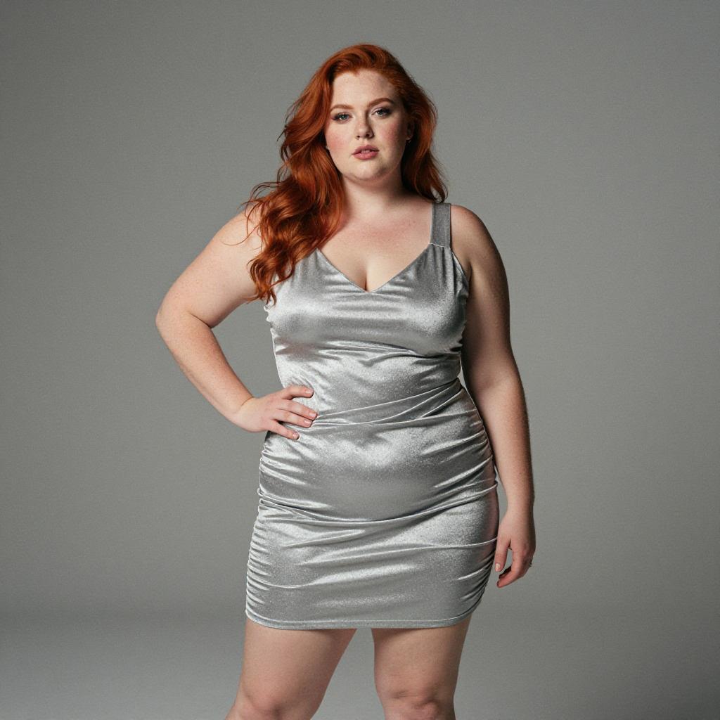 Confident Plus Size Woman in Silver Satin Mini Dress