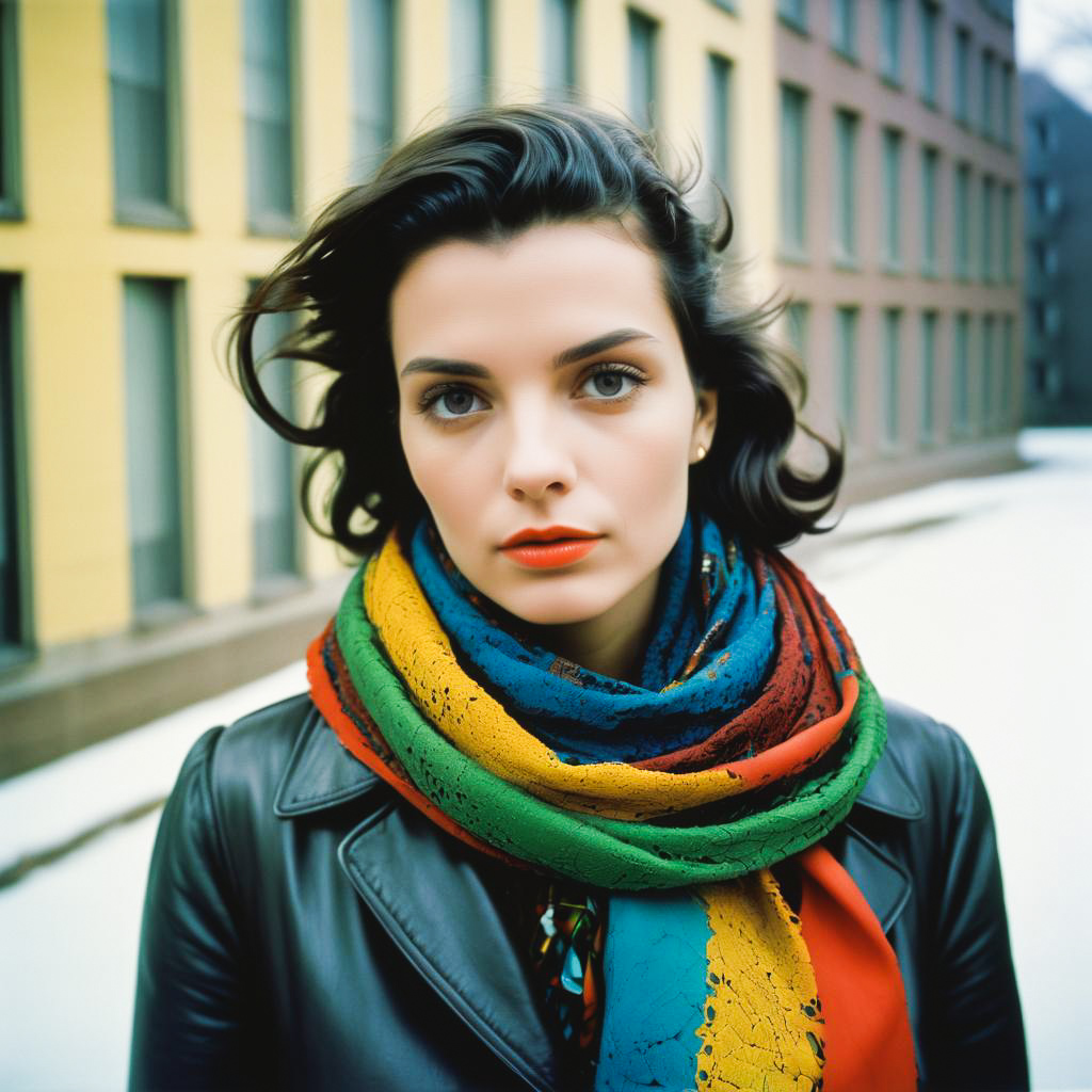 Stylish woman in leather jacket with multicolored scarf