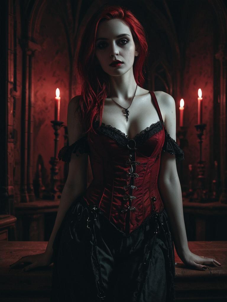 Gothic Woman in Red Corset Dress with Candlelit Background