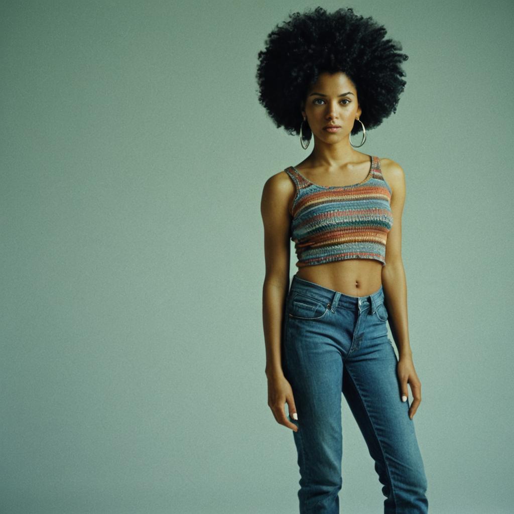 Confident Woman with Afro Hairstyle in Casual Crop Top and Jeans