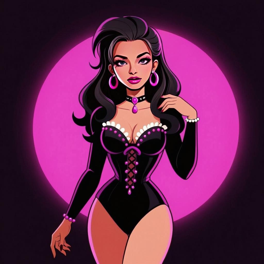 Glamorous Woman in Black Corset with Pink Accents Digital Illustration