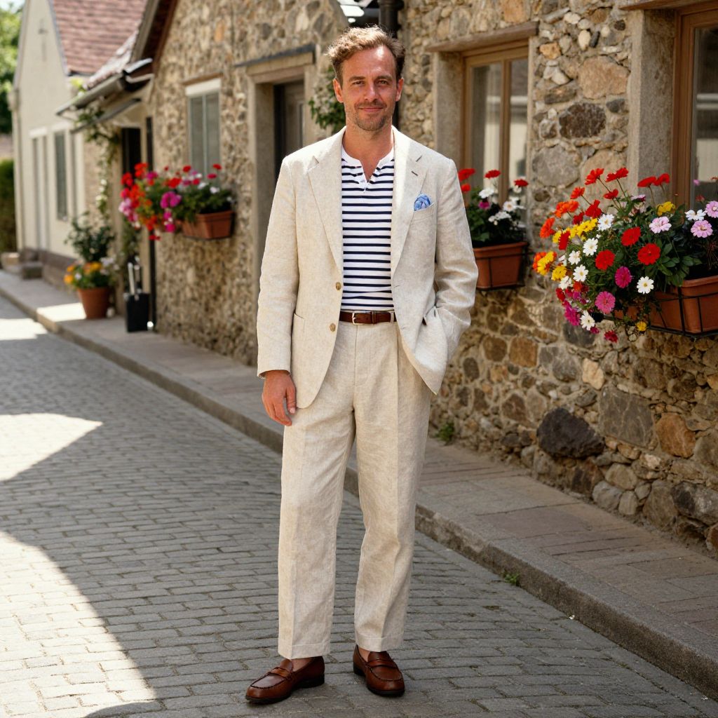 Man in Beige Linen Suit with Striped Shirt on Charming Cobblestone Street