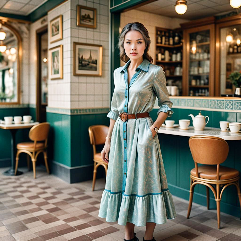 Stylish Woman in Chic Blue Dress at Café