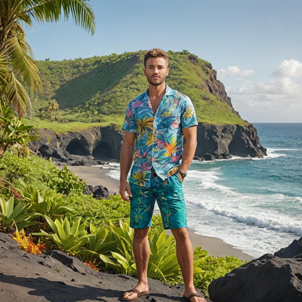 Stylish Man in Tropical Attire at Galápagos Islands