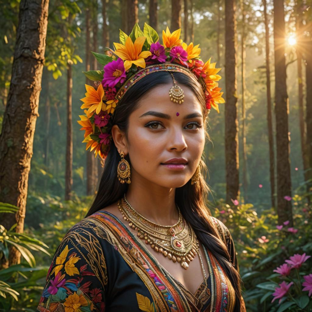 Indigenous Woman in Traditional Attire in Forest