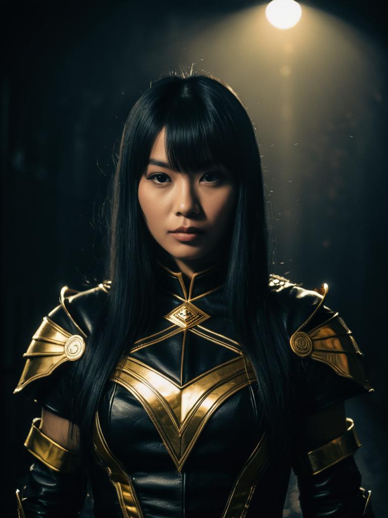 Realistic Naomi Misora Cosplay Woman in Black and Gold Armor Costume