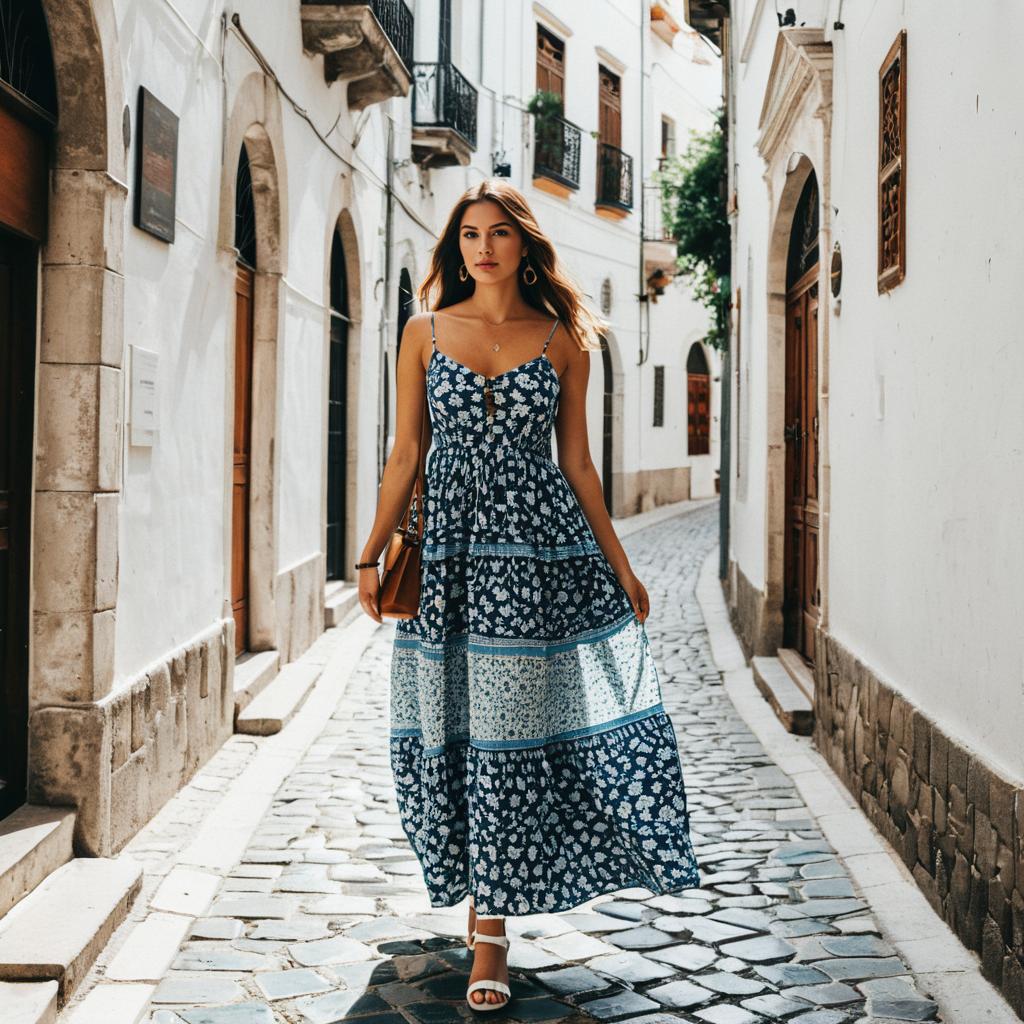 Woman in Blue Floral Maxi Dress Walking on Cobblestone Street