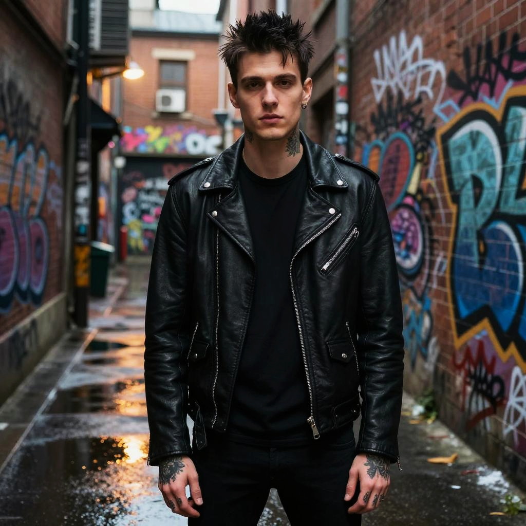 Edgy Young Man in Black Leather Jacket in Graffiti Alley