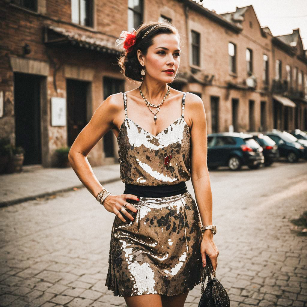 Stylish Woman in Sequin Dress on Cobblestone Street Stylish Woman in Sequin Dress on Cobblestone Street