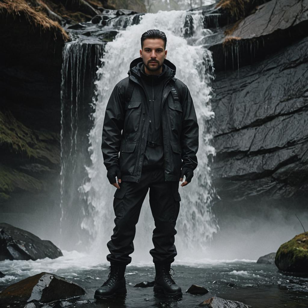 Confident Man by Cascading Waterfall