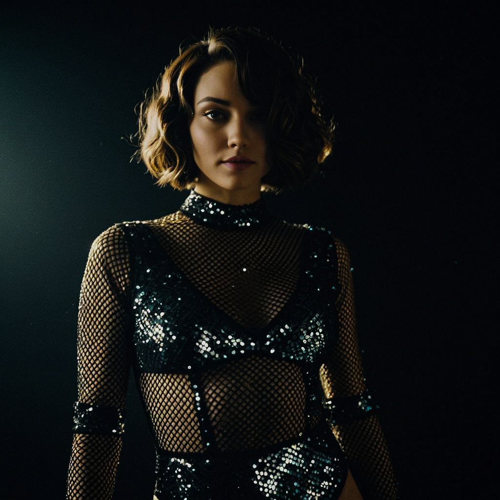 Woman in Black Mesh Top with Sequins