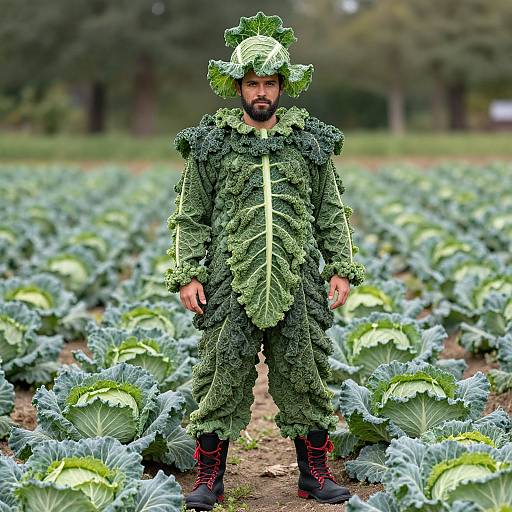Man Wearing Cabbage Leaf Costume in Cabbage Field