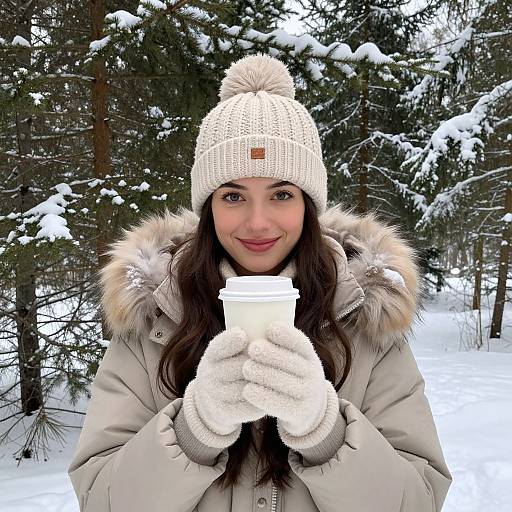 Woman Enjoying Warm Drink in Snowy Winter Forest
