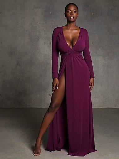 Elegant Woman in Plum Deep V-Neck Gown with High Slit