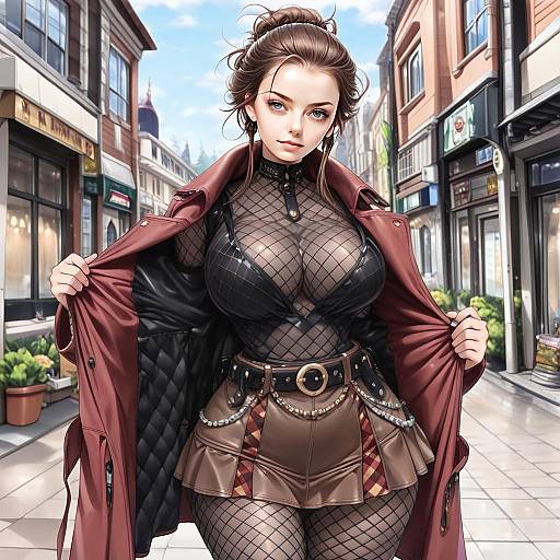 Stylish Woman in Fishnet and Leather Outfit on Urban Street Digital Illustration