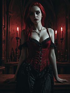 Gothic Woman in Red Corset Dress with Candlelit Background
