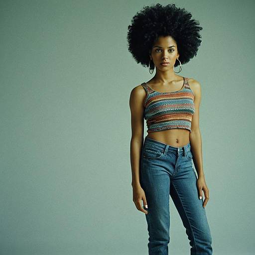 Confident Woman with Afro Hairstyle in Casual Crop Top and Jeans
