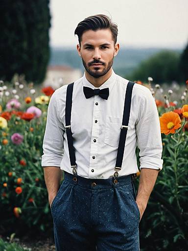 Fashion Man in Classic Dress with Suspenders and Bow Tie in Garden