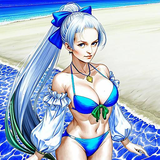 Anastasia in Blue Swimsuit Anime Beach Illustration