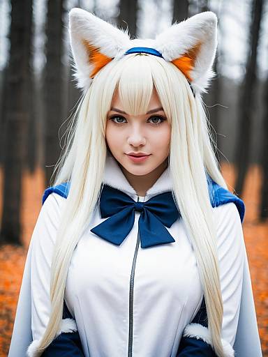 Arctic Fox Kemono Friends Cosplay Woman in Autumn Forest Realistic Portrait