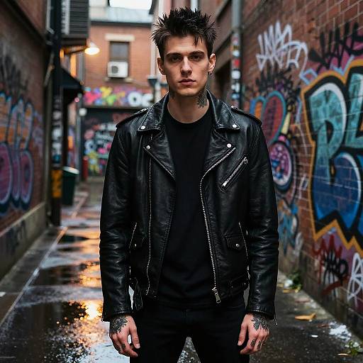 Edgy Young Man in Black Leather Jacket in Graffiti Alley