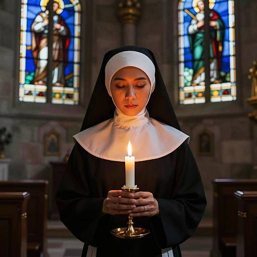 Young Nun Holding Candle in Church with Stained Glass Background