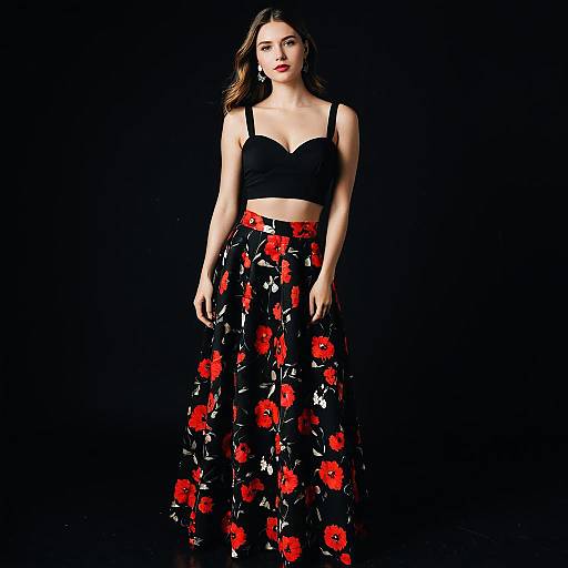 Contemporary Evening Wear Woman in Black Cropped Sweetheart Top and Floral Skirt