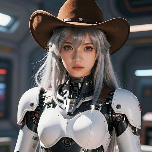 Futuristic Woman in Cybernetic Armor with Cowboy Hat - Gen Z Style