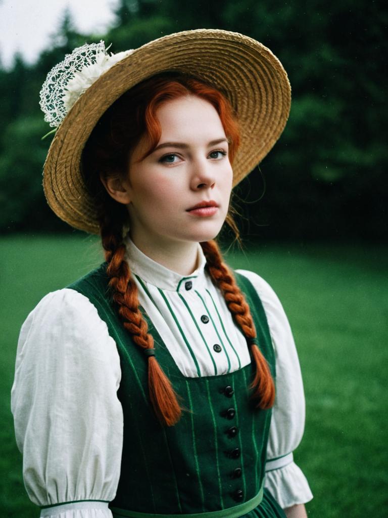 Woman in Anne of Green Gables Costume Dramatic Editorial Cosplay Photo