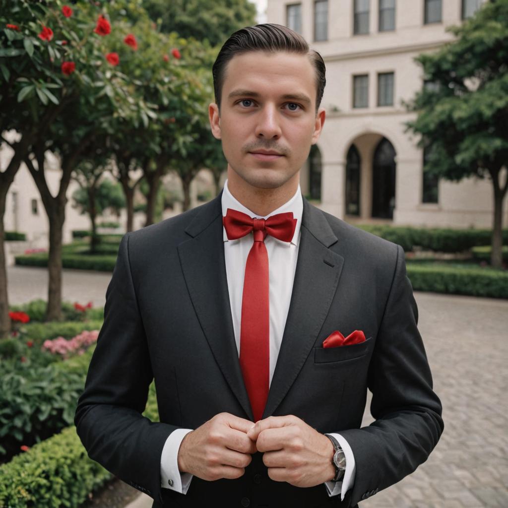 Dapper Man in Black Suit with Red Bow Tie in Lush Garden